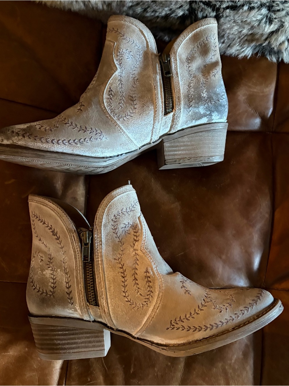 Sterling River Embroidered Suede Ankle Booties in Taupe